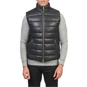 <b>Men's</b> Black Genuine <b>Leather</b> Stand Collar Puffer <b>Vest</b> With Zipper Closure Windproof Casual Winter Outerwear - Product Image 1