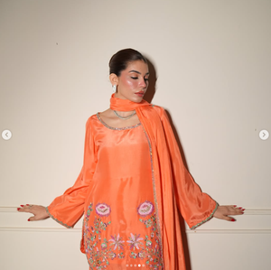 <b>Orange</b> Silk Satin Salwar Kameez Floral Embroidery Regular Fit Crop Length Traditional Indian Pakistani Women Wedding Wear SADIA - Product Image 3