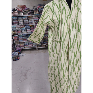 Chemisier décontracté pour femme en mélange de coton, col en V, motif géométrique vert, style kimono, respirant, haut d'été, tissé à la main, point ouvert, cadeau - Product Image 2