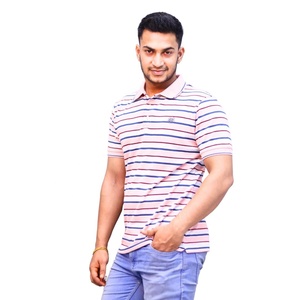 Người đàn ông thường xuyên phù hợp với một nửa tay áo Polo T-Shirt, sọc, giàu bông gân cổ áo đào với Hải Quân và sọc trắng. - Product Image 1