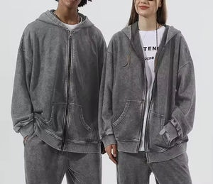 Sweat à capuche zippé style français, épais, délavé à l'acide, 100% coton, effet soleil délavé, coupe oversize, respirant, pour l'hiver - Product Image 2