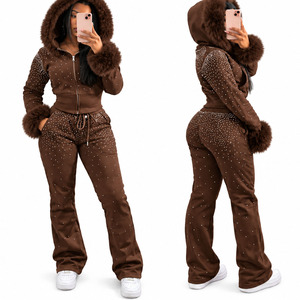 High Quality Women Faux Fur Trim Cropped Zip Hoodie Flare Pants 2 Piece Set <b>Y2K</b> Winter Athleisure <b>Tracksuit</b> - Product Image 6