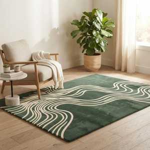 Tapis rectangulaire abstrait vert crème, tufté à poils longs, antidérapant, adapté aux animaux domestiques, écologique, moderne, en laine pour salon - Product Image 4
