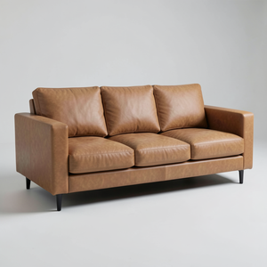 Sofá de Cuero Genuino de Alta Calidad, Estilo Moderno de Mediados de Siglo, 3 Plazas, Color Marrón, Construcción de Madera Sólida, Elegante para Sala de Estar - Product Image 1