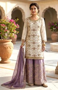 Ensemble Kurti Sharara Fendy Premium avec Dupatta, tenue ethnique richement brodée pour mariage et fête, avec doublure en Santoon mat, style designer - Product Image 5