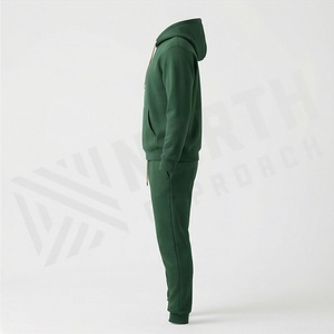 Ensemble de survêtement unisexe vert à capuche, sweat-shirt et pantalon décontractés en coton pleine longueur avec cordon de serrage et poches, couleur unie, pour l'automne - Product Image 3