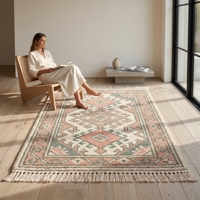 Modern Vintage Kilim Area Rug Hand Knotted Wool/Cotton Carpet Geometric Pattern Fringe Eco-Friendly Non-Slip Low Pile Washable