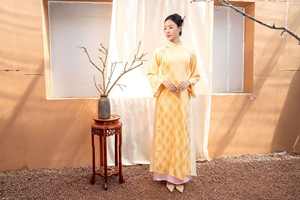 Nouvelle Robe Ao Dai Vietnamienne Réversible à 4 Panneaux, Coupe Droite en A, Brocart Rose, Style Élégant et Doux KAD06 - Product Image 3