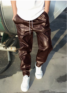 Men's Brown PU Coated Harem Pants <b>Elastic</b> <b>Waist</b> Drawstring Casual Joggers with Side Pockets Heavyweight Winter Wear Anti-Pilling - Product Image 4