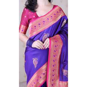 ผ้าไหมสีม่วงนุ่ม บาเนราสี ปักลายยูงทอง ซารีทอแบบอินเดียและปากีสถาน เสื้อผ้าอินเดียและปากีสถาน ผ้าทอชั้นดี 650 กรัม - Product Image 4