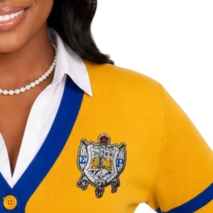 เสื้อคาร์ดิแกน SGRHO สีน้ำเงินสำหรับผู้หญิง ลายตัวอักษรกรีก ติดกระดุม ผ้าถัก สไตล์ลำลอง แฟชั่นมหาวิทยาลัย เสื้อคลุมคาร์ดิแกนแบบสั่งทำ - Product Image 2