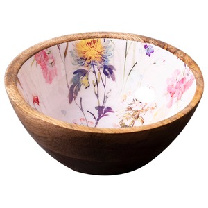 Bol à salade artisanal en bois de manguier écologique de luxe, émaillé, moderne, résistant au lave-vaisselle et au congélateur, motif floral aquarelle rose et blanc - Product Image 3