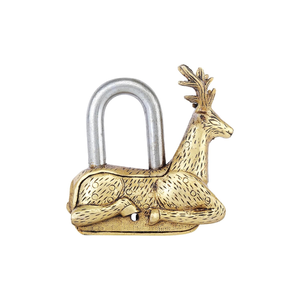Cadenas vintage en laiton en forme de cerf, serrure décorative antique en métal avec motif gravé détaillé, clé squelette, style rustique unique - Product Image 4