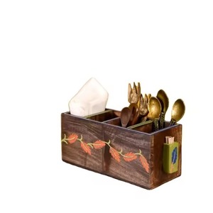 Mango Wooden Flatware Organizer Caddy for <b>Kitchen</b> Table Top New Cutlery Stand With 4 Compartment Metal Gold Knob caddy - Product Image 5
