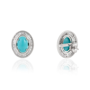 Boucles d'oreilles clous ovales 9x6mm en turquoise et halo de diamants, design exquis, faites à la main en or blanc massif 14K, bijoux personnalisés en gros - Product Image 5
