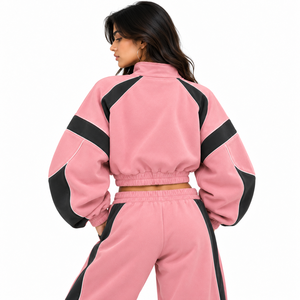 Sweat-shirt en molleton court pour femme, rose et noir, à blocs de couleur, avec fermeture éclair intégrale, col montant, style streetwear, logo personnalisé - Product Image 3