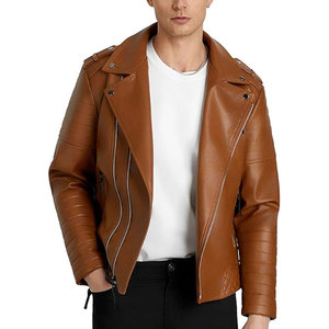 Veste moto en cuir PU marron pour homme, écologique, teinte en pièce, coupe classique, col roulé, fermeture éclair, couleur unie, vêtement d'hiver - Product Image 4