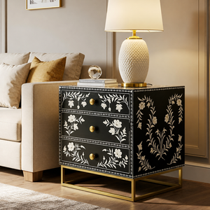 Designer Resin Bone Inlay Nightstand With 3 Drawer Handmade Floral <b>Bedside</b> Cabinet with <b>Gold</b> Metal Base Luxury Bedroom Furniture - Product Image 2