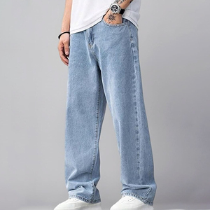 Jean en denim délavé bleu clair coupe droite ample pour homme, pantalon décontracté en coton taille mi-haute, style printemps, fournisseur de denim. - Product Image 1