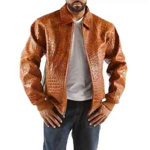 MEN'S PREMIUM <b>LEATHER</b> <b>JACKET</b> WITH CROCODILE EMBOSSED FINISH LUXURY BROWN <b>LEATHER</b> OUTERWEAR FULL ZIP FRONT <b>LONG</b> SLEEVE - Product Image 2