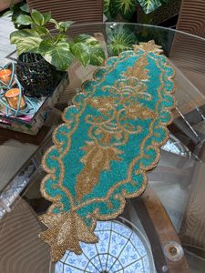 Luxury Embroidered Floral <b>Table</b> <b>Runner</b> <b>Teal</b> Gold Beaded Home Decor Washable - Product Image 1