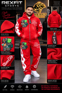 Custom Red Zip Up <b>Tracksuit</b> <b>Men</b> Graphic Streetwear Hoodie Jogger Set Printed Fleece Sweatshirt Pants Casual Sportswear Set - Product Image 5