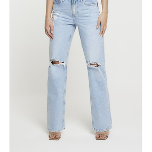Jeans de Mezclilla Lavada para Mujer, Cintura Media, Coloridos, Estilo Casual para la Noche, Corte Recto, Azul, Largo hasta el Tobillo, Lujosos, Transpirables y Ecológicos - Product Image 4