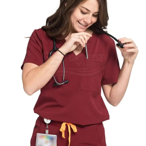 Women Scrub <b>Tops</b> Short Sleeve With Pocket <b>Maroon</b> Cotton Polyester Hospital Uniforms OEM Service - Product Image 1