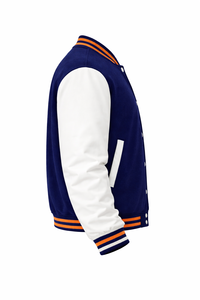Men's Blue White Varsity Jacket Preppy Style Turn-down Collar Button Front Regular Fit Winter Outerwear Genuine Leather Shell - Product Image 5