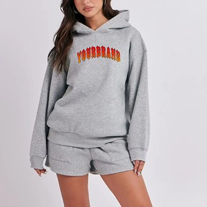 Conjunto de Sudadera con Capucha y Pantalones Cortos Personalizados Unisex para Mujer, con Cinturón de Malla con Encaje Desgarrado, 100% Algodón, Ropa Deportiva, OEM ODM - Product Image 1