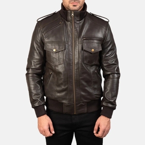 <b>Men's</b> Dark Brown Genuine <b>Leather</b> <b>Jacket</b> With Zipper Closure And Epaulet Pockets Stand Collar Moto Style <b>Jacket</b> For Sale - Product Image 3
