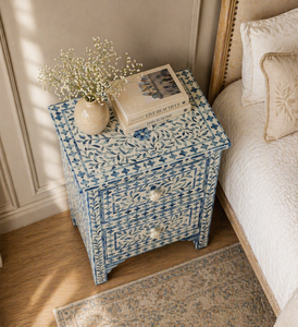 Handmade Solid Wood Blue Bone Inlay 2-<b>Drawer</b> <b>Side</b> Table & Nightstand-Storage Space Saving Entryway Bedroom Living Room Furniture - Product Image 2