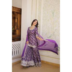 Livewear Purple <b>Sequins</b> & Zari Embroidered Polyester Salwar Kameez Party Wear <b>Top</b>-Bottom and Dupatta Set Size XL - Product Image 1