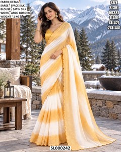 Sari en soie spatial ombré jaune et blanc, avec chemisier en satin et bordure Arco, traditionnel, anti-humidité, infroissable, toutes saisons, pour les fêtes - Product Image 1