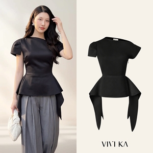 Chemisier asymétrique à volants pour femme, noir uni, à manches courtes, élégant, décontracté, style peplum, en polyester tissé LUMI - Product Image 1