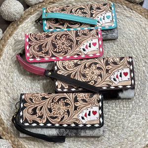 New Handmade Western Hand <b>Tooled</b> <b>Leather</b> Floral & Playing Card Pattern Wallet Cowhide Genuine <b>Leather</b> Wristlet Clutch for Women - Product Image 4