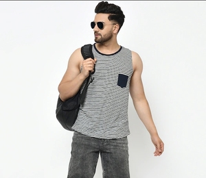 Camiseta sin mangas a rayas para hombre, cuello redondo, informal, de punto, de algodón, transpirable, con bolsillo - Product Image 1