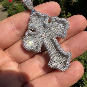 Pendentif Croix en Diamant Baguette de 2,5 Pouces, Certifié GRA D-E-F VVS1, Argent, Coupe Ronde Scintillante, Bijou Religieux, Cadeau - Product Image 2