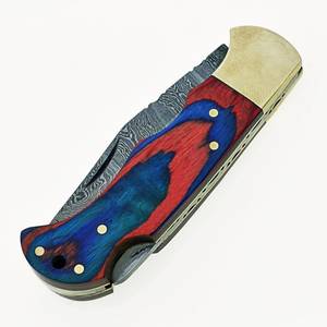 Cuchillo de bolsillo plegable EDC de acero de Damasco hecho a mano de primera calidad con punta recta y mango de madera, logotipo personalizado de fábrica - Product Image 3