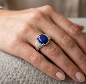 Anillo de Plata de Ley 925 con Piedra Preciosa de Lapislázuli de Forma Ovalada de 10x12 mm con Engaste de Diamantes, Joyería Clásica de Compromiso para Mujer - Product Image 4