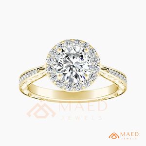 Gold Plated Round Cut Halo Engagement <b>Ring</b> Women Vintage Engraved Split Shank American Diamond <b>CZ</b> Wedding <b>Ring</b> - Product Image 5