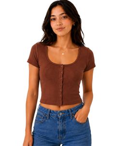 Top corto de punto acanalado marrón para mujer, manga corta, con botones al frente, corte ajustado, cuello cuadrado, informal, de verano, camiseta de algodón, blusa para damas - Product Image 1
