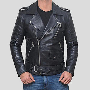 Blouson de motard personnalisé pour homme en cuir véritable noir, coupe ajustée, style punk, fermeture éclair asymétrique, en peau de mouton souple - Product Image 2