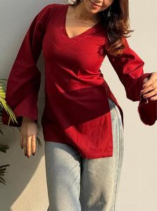 Short Kurti for Women Latest Solid Design | V Neck Full <b>Sleeve</b> Kurti <b>Tops</b> for Women | Stylish Kurtis & Short Kurtis for Woman - Product Image 3