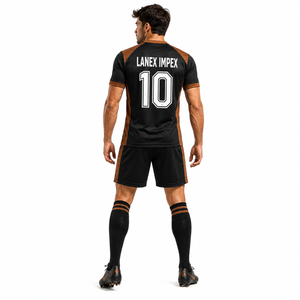 Ensemble de maillots de football personnalisés sublimés, noir et marron, manches courtes, col en V, uniforme sportif avec shorts et chaussettes assortis - Product Image 4