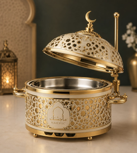 Calentador de Comida Tipo Buffet de Acero Inoxidable con Acabado en Oro Blanco de Lujo, Recipiente Redondo para Calentar Alimentos para Hoteles y Servicios de Catering - Product Image 5