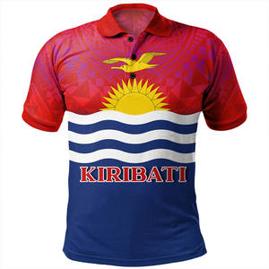 Polo à manches courtes pour homme, imprimé polynésien Kiribati, décontracté, 100% polyester tissé, coupe classique, avec logo emblème national sur le devant - Product Image 4