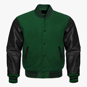 Veste de baseball verte pour homme avec manches en cuir PU noir, coupe classique, boutons-pression et style universitaire - Product Image 1