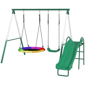 Set Altalena in Metallo Verde Scuro con Sedile a Disco, Corda Regolabile, Struttura a Forma di A Resistente, Include Scivolo per Bambini da Giardino - Product Image 1