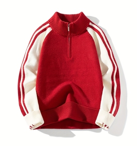 Pull en maille rouge pour homme, col montant, coupe classique, couleur unie, style sportif, idéal pour l'hiver - Product Image 1